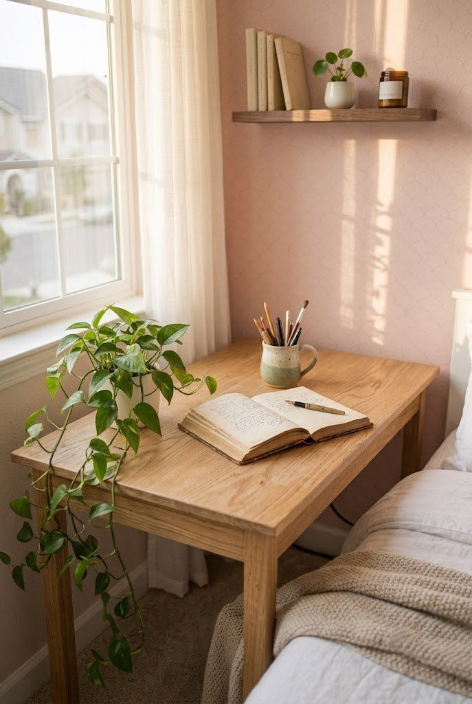 Light-wood cottagecore desk with a trailing pothos plant