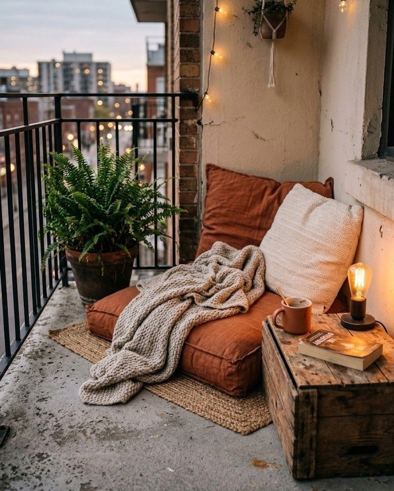 Cozy fall balcony lounge corner with rust and cream floor cushions and a knit throw