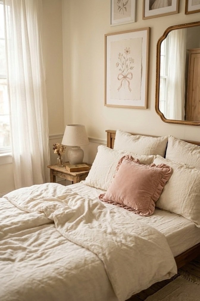 Cream and ivory coquette bedroom with small blush accents and warm light