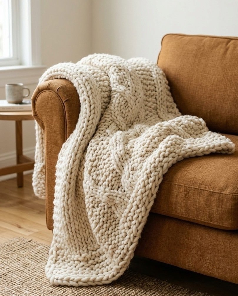 Oversized chunky cream knit throw draped over a caramel sofa