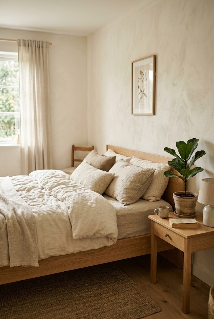 Small bedroom with creamy off-white walls and light oak nightstand