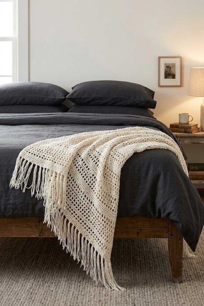 off-white open crochet throw with fringe draped over a charcoal duvet