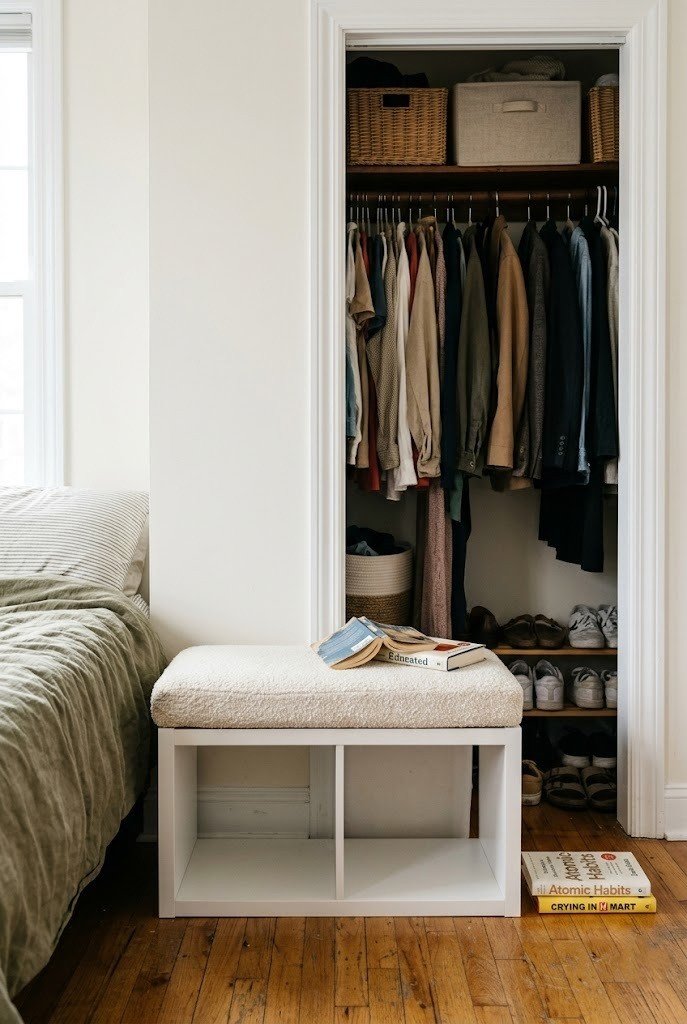White cube shelf bench with a cream boucle cushion inside a doorless reach-in closet