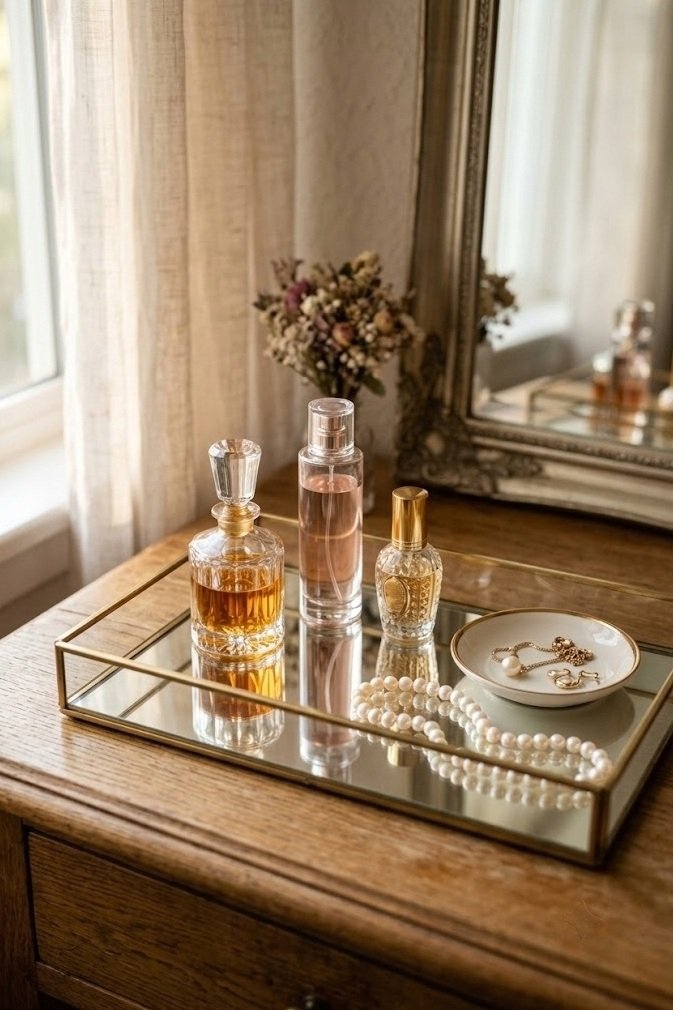 Mirrored tray corralling perfume, jewelry, and pearls on a vanity