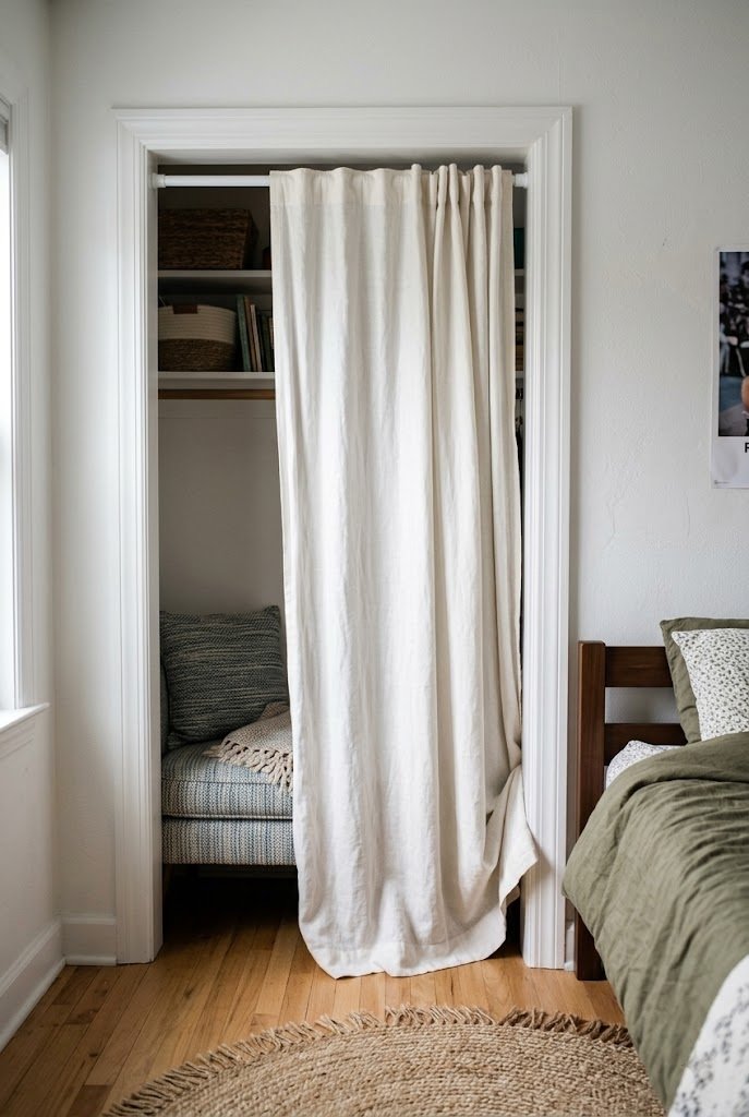 White linen curtain on a tension rod pulled half open across a closet reading nook