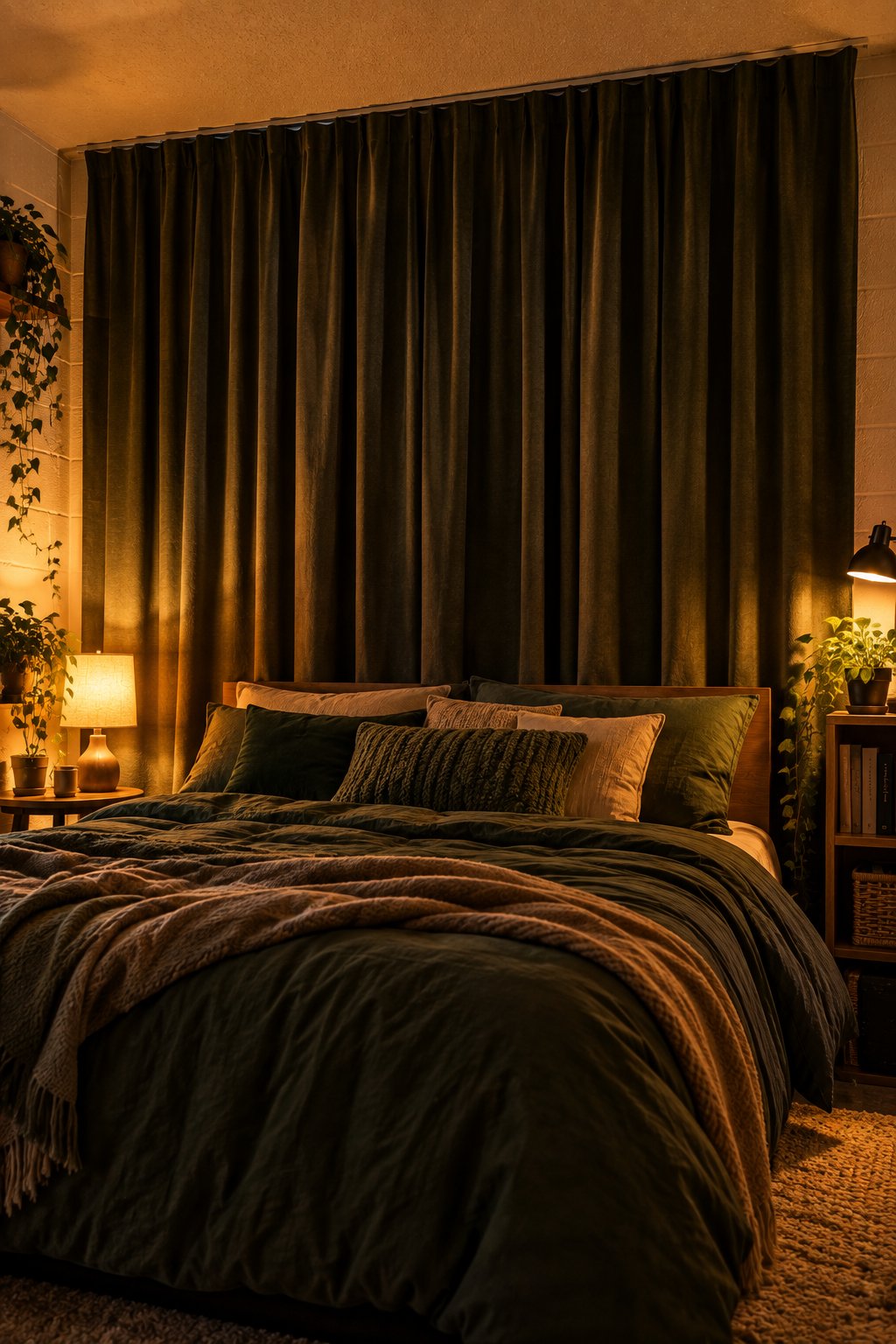 Floor-to-ceiling dark curtain panels hung across a cinderblock wall behind a bed
