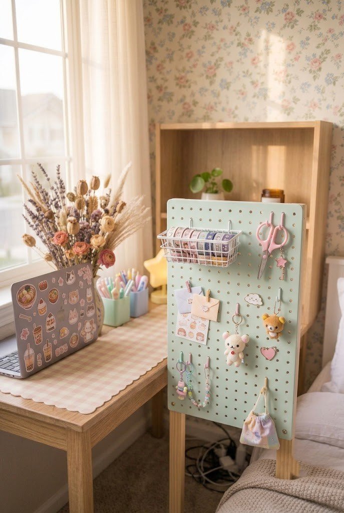 Freestanding cute pegboard beside a kawaii desk