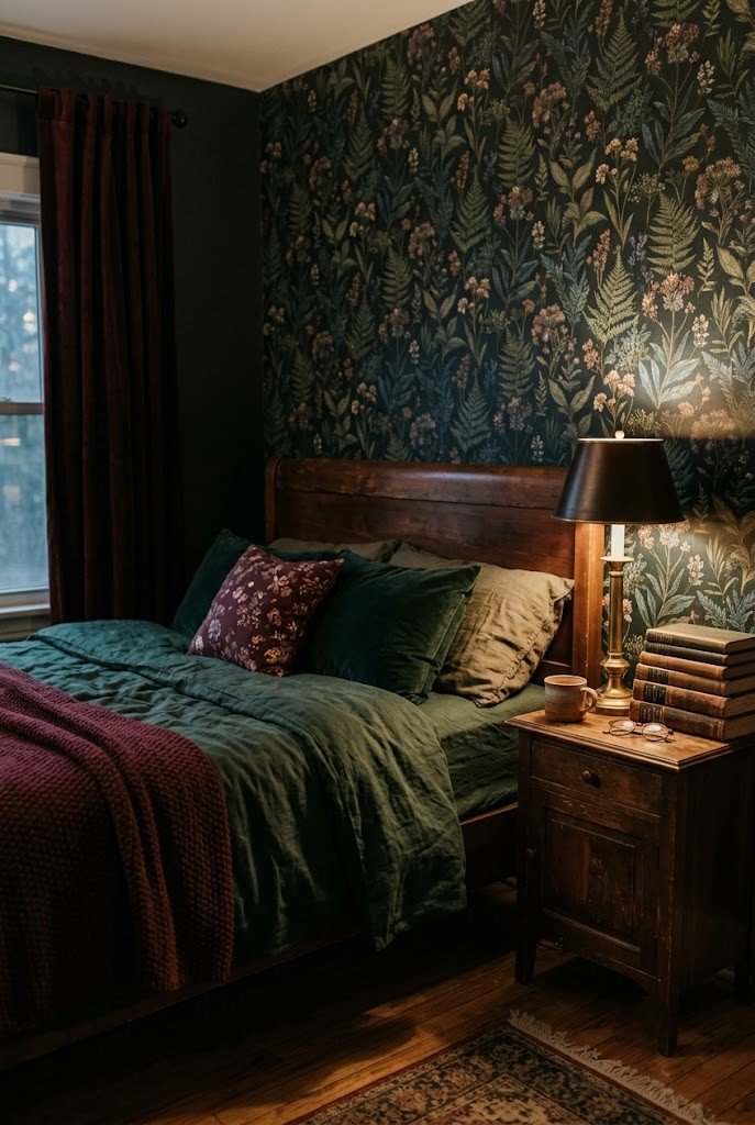 Dark academia rental bedroom with a dark peel-and-stick wallpaper accent wall and warm lamp light