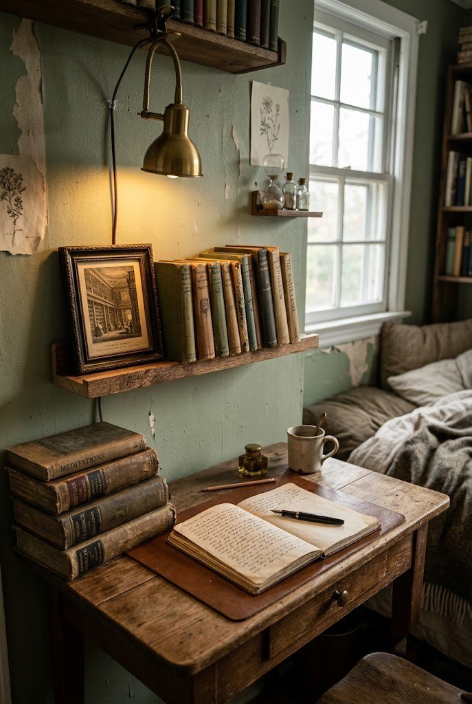 Dark academia desk setup in a small bedroom corner with brass lamp and leaning vintage books