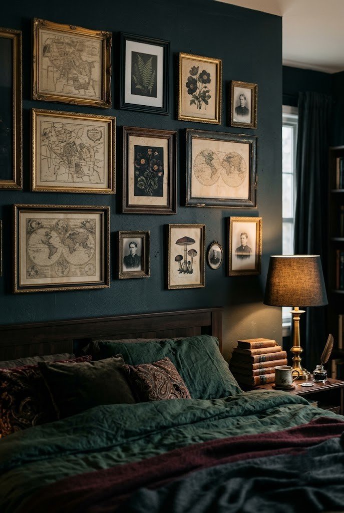 No-drill gallery wall of mismatched vintage frames in a dark academia bedroom