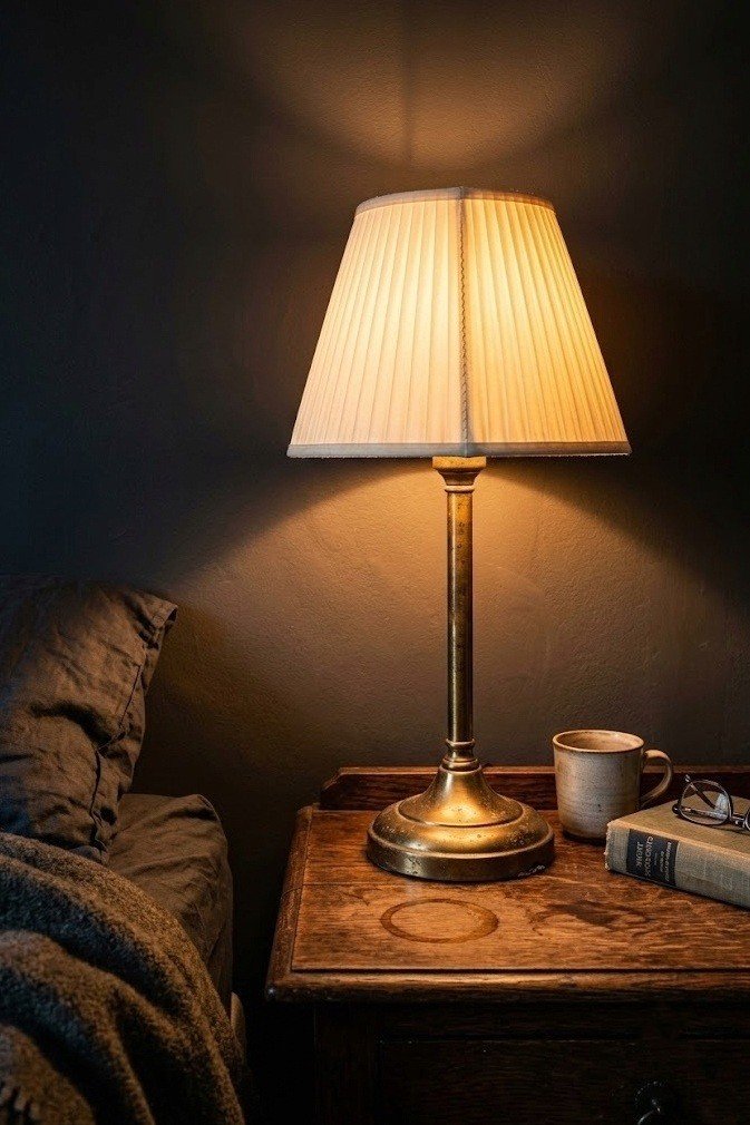 Aged brass table lamp with a pleated cream shade switched on, casting warm amber light on a dark bedroom wall