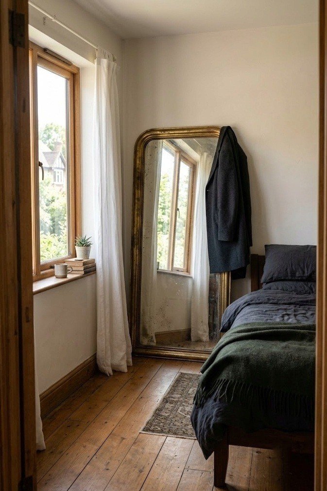 Tall arched antique brass framed mirror leaning against the wall beside a single bedroom window reflecting daylight into the room