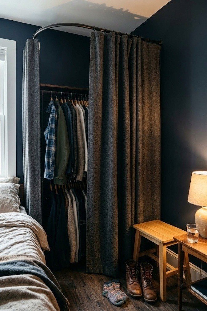 Heavy charcoal curtain on a corner tension rod hiding a clothes rail in a bedroom corner with a small wooden stool beside it
