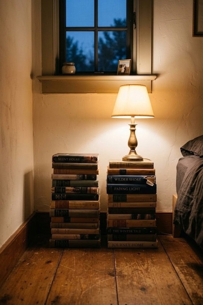 Two knee high stacks of hardcover books on the floor beneath a single window with a small brass table lamp on the taller stack
