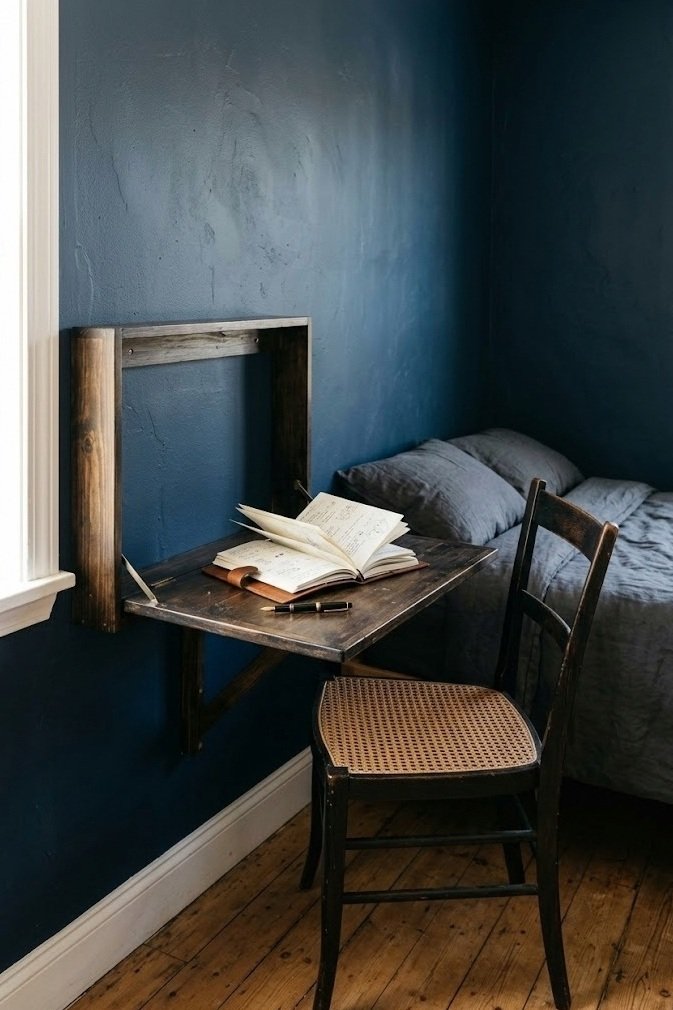 Dark stained fold down wall mounted desk open with a leather notebook and fountain pen on it and a wooden chair pulled up