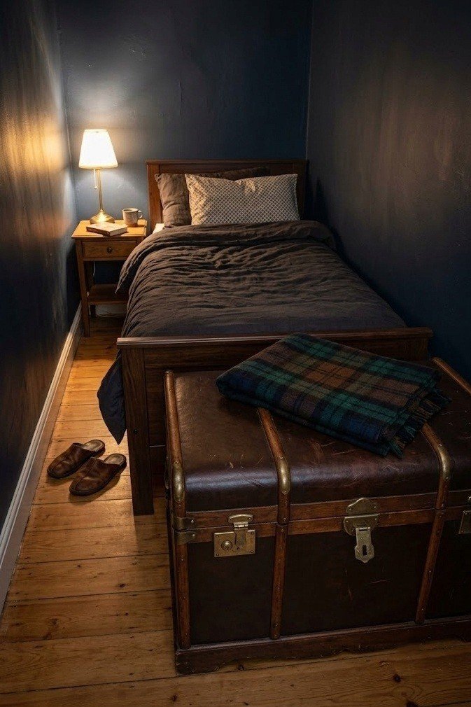 Dark leather topped wooden storage trunk at the foot of a bed with a folded plaid throw on top and a narrow walkway beside it