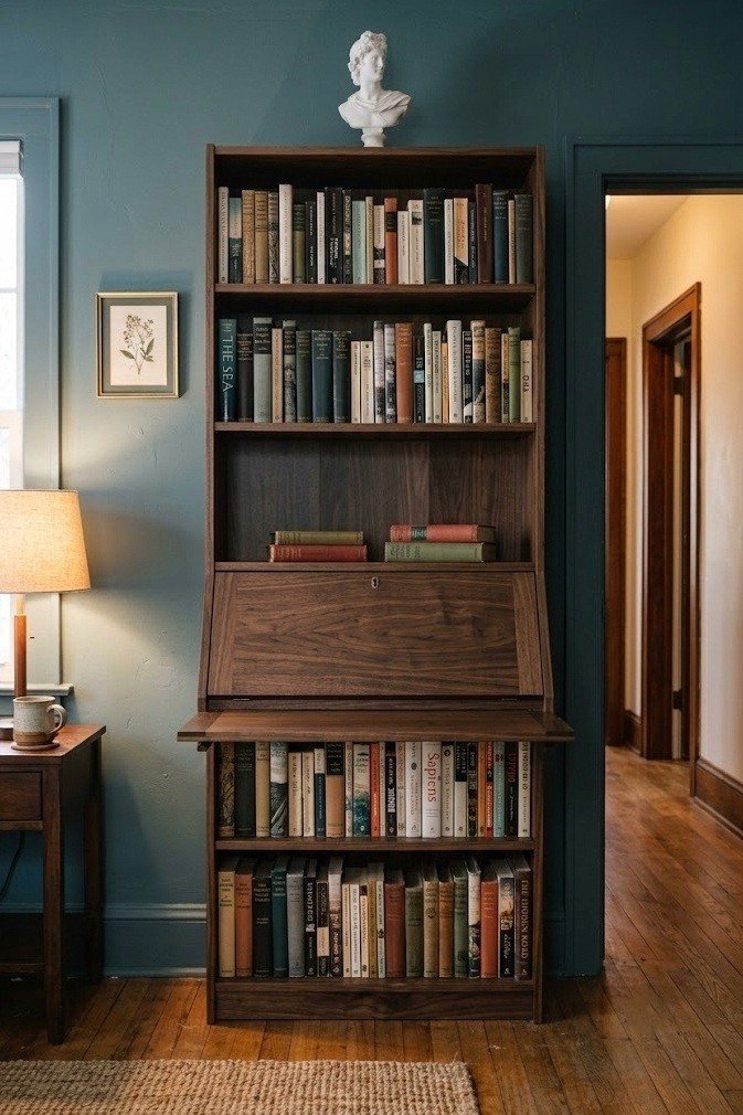 Narrow dark walnut bookcase twelve inches deep filled with books and a small plaster bust against a moody blue green wall