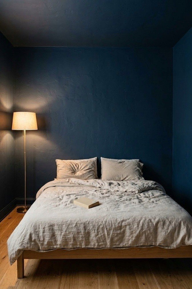 Small bedroom with a deep matte navy wall continuing onto the ceiling above a low platform bed with oatmeal linen bedding