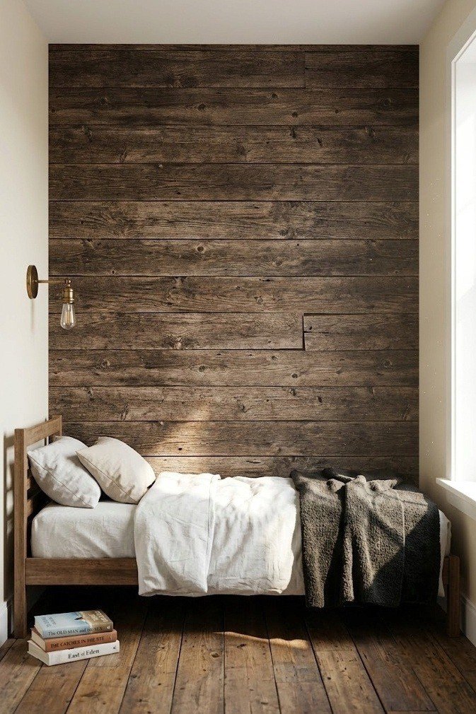 Headboard wall covered in dark brown weathered wood plank peel and stick wallpaper with an aged brass sconce to the left of the bed