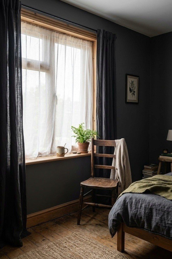 Sheer white linen under curtain across a single bedroom window with heavier dark drapes pushed to each side letting daylight through