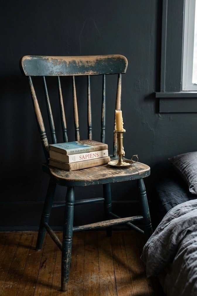 Worn spindle back wooden chair used as a bedside table with a stack of books and a small brass candlestick on the seat