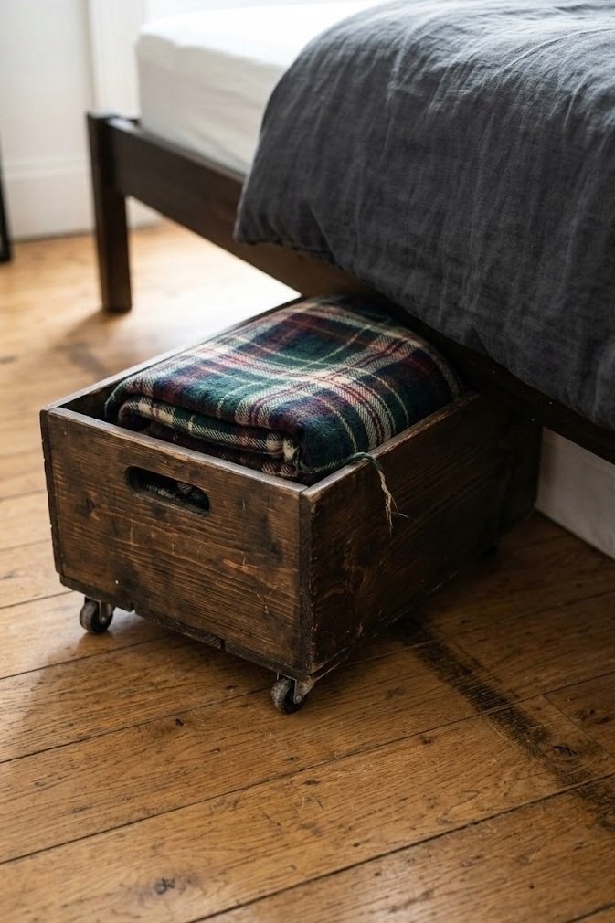 Dark stained wooden crate on castors pulled out from under a low bed holding a folded plaid wool blanket