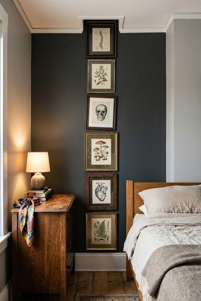 Vertical column of six mismatched dark wood and brass framed botanical and anatomical prints stacked to the ceiling on a charcoal wall above a slim wooden dresser
