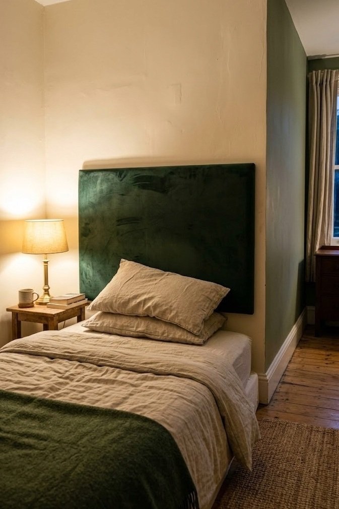 Dark green velvet upholstered headboard panel mounted flat to the wall behind a low bed with two linen pillows