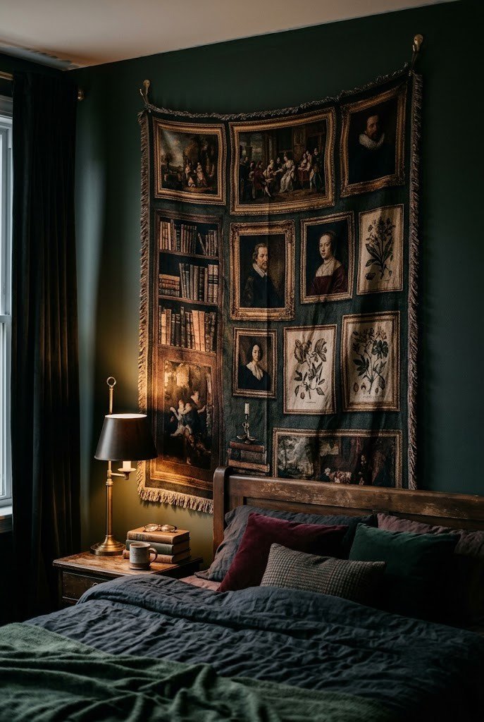 Large moody tapestry covering a rental bedroom wall in a dark academia setup