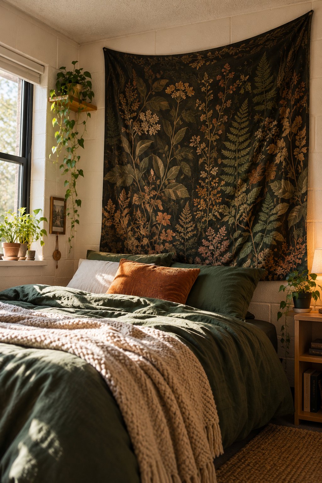 Large dark botanical tapestry in olive and brown covering white cinderblock