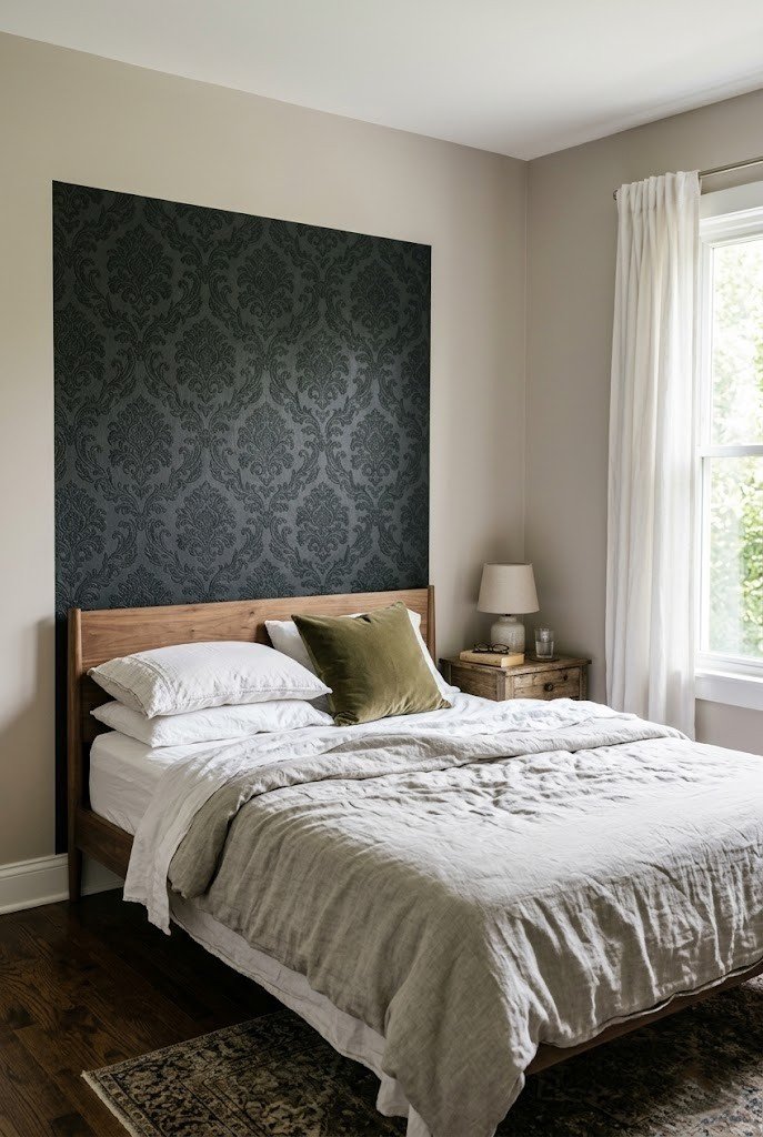 Dark damask peel and stick wallpaper on the headboard wall behind a bed