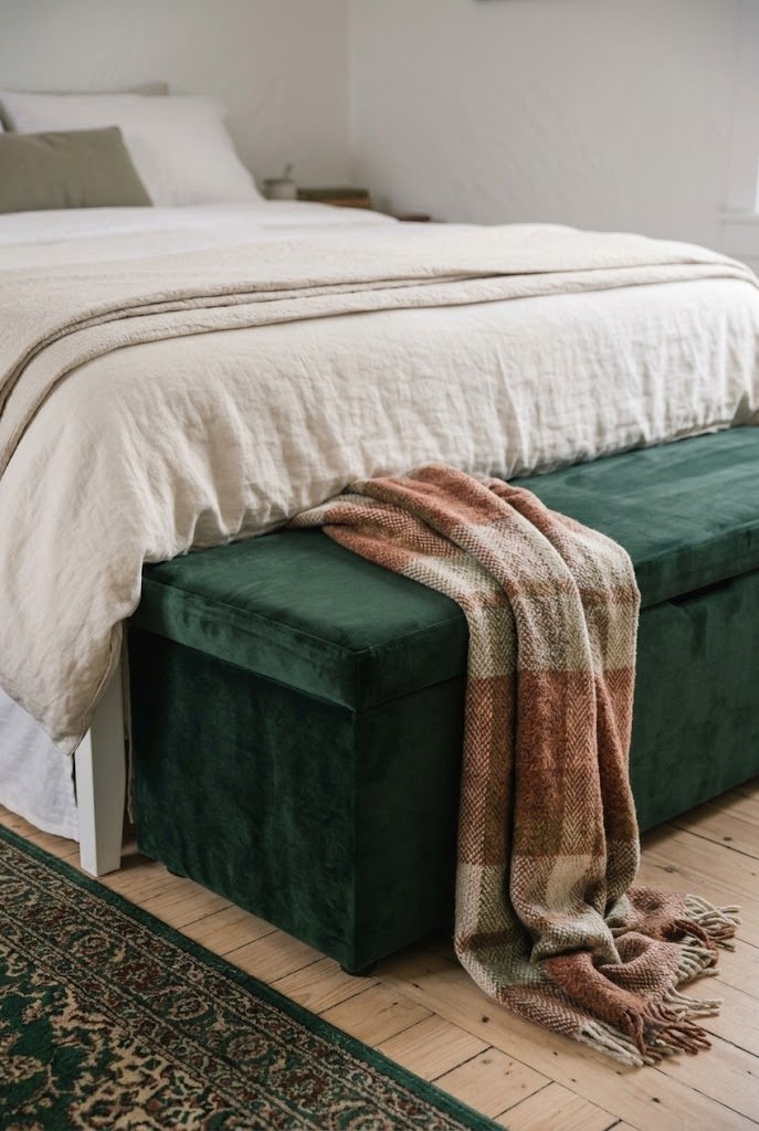 Dark green velvet storage bench at the foot of a bed