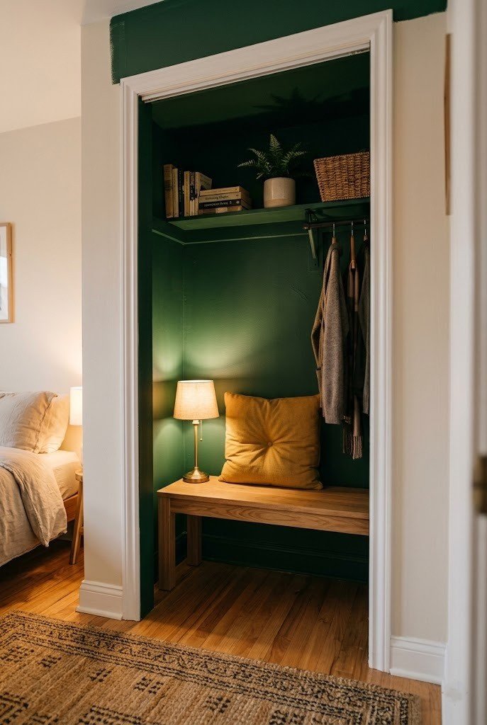 Doorless closet alcove painted deep forest green with a wooden bench and mustard cushion