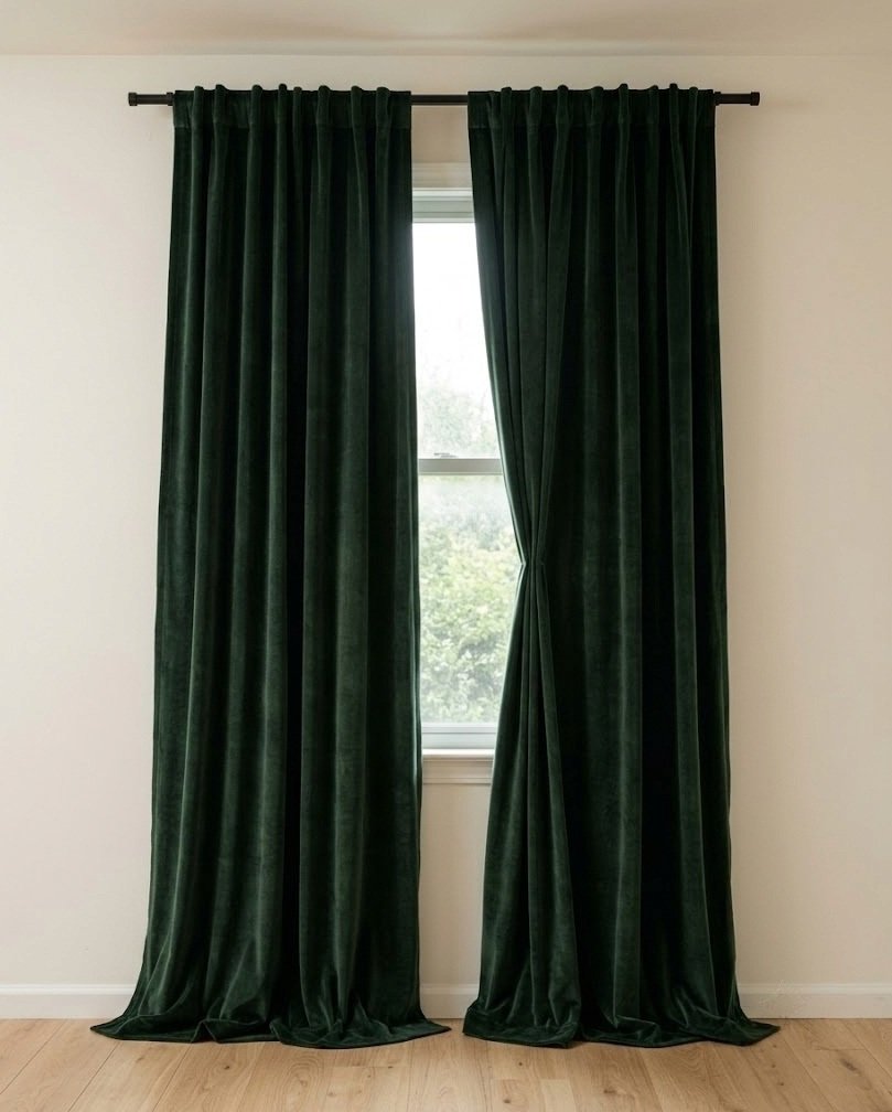 Floor-length dark green velvet curtains on a slim no-drill rod over an apartment window