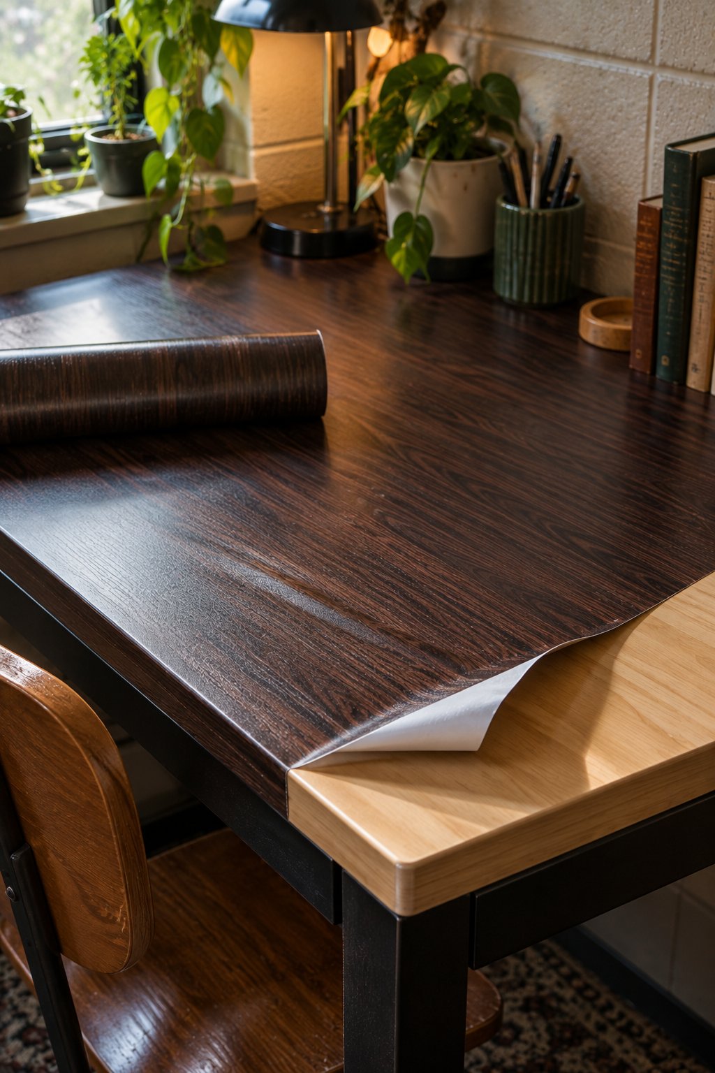 Laminate dorm desktop covered in dark wood-grain contact paper mid-transformation
