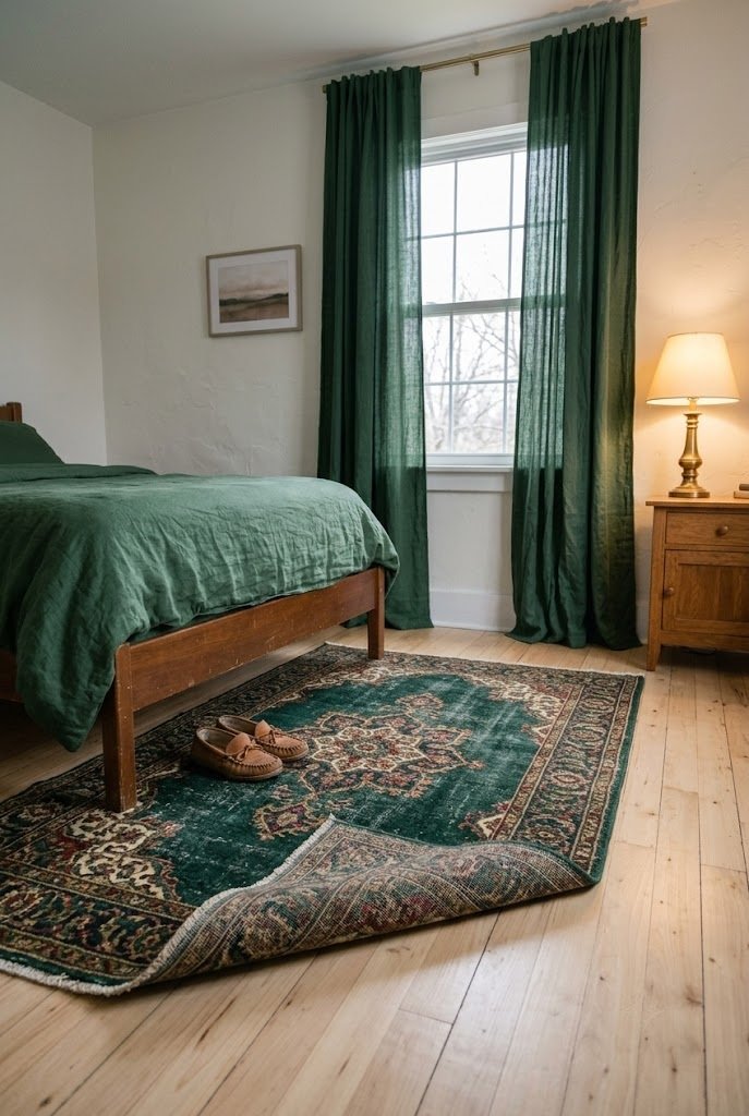 Deep green Persian-style rug at the foot of a bed on light wood floor