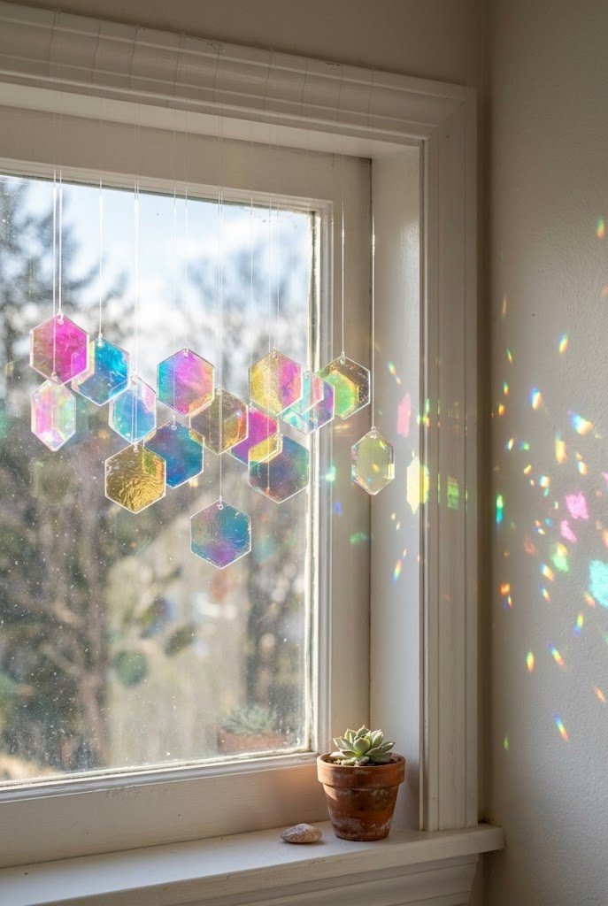 Cluster of hexagonal dichroic suncatchers hung across a bedroom window throwing rainbow spots