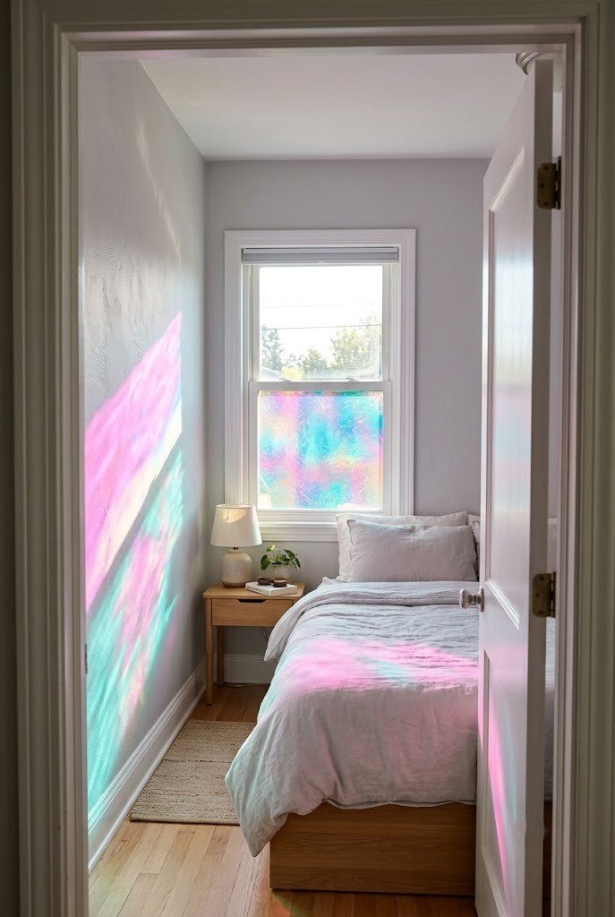 Dichroic rainbow window film on a small bedroom window casting pink and teal light across the wall