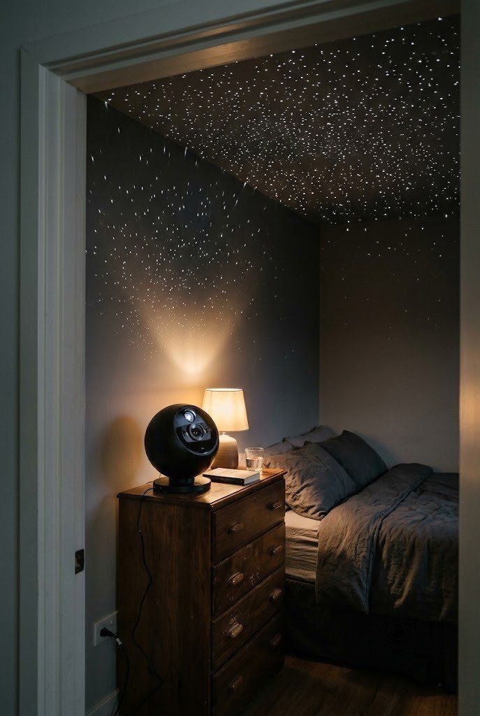 Disc based star projector casting a sharp white star field on a small dark bedroom ceiling