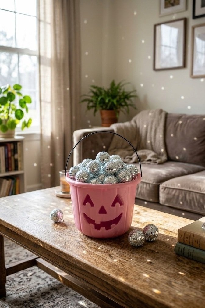 Pink disco ball pumpkin on a coffee table for maximalist pastel Halloween decor