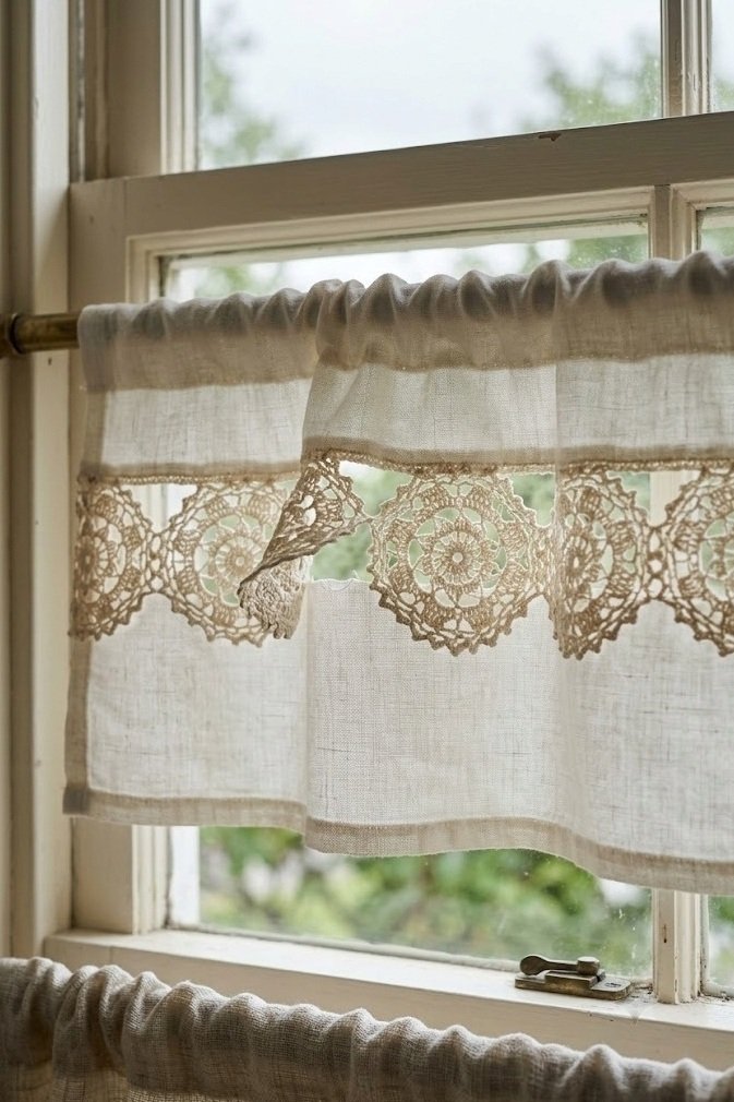 row of small cream doilies forming a lace valance on a short cafe curtain
