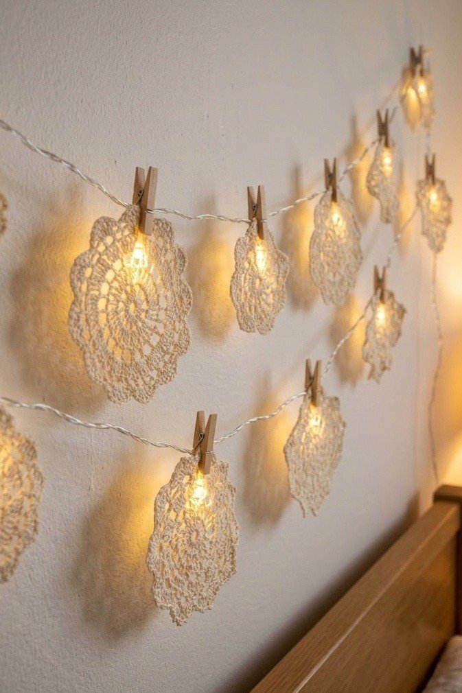 small cream doilies clipped along warm string lights glowing through the lace
