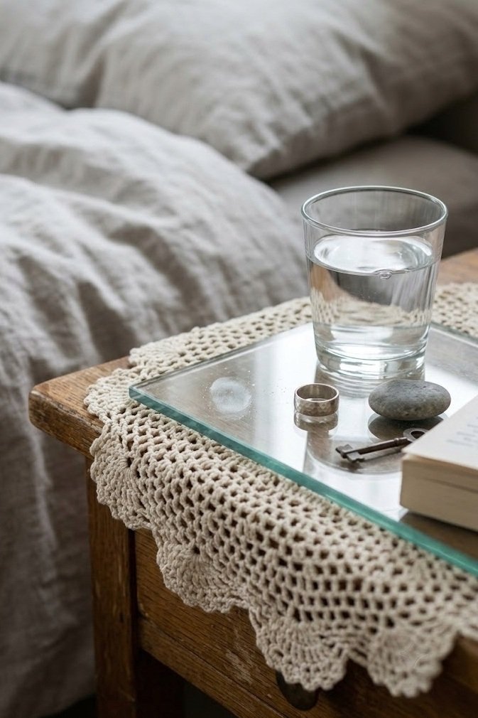 cream doily set under a clear glass tray with a glass of water on a nightstand