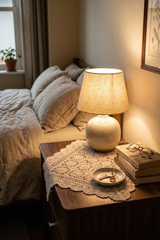 single cream doily tucked under a lamp base with a small ceramic dish on a nightstand