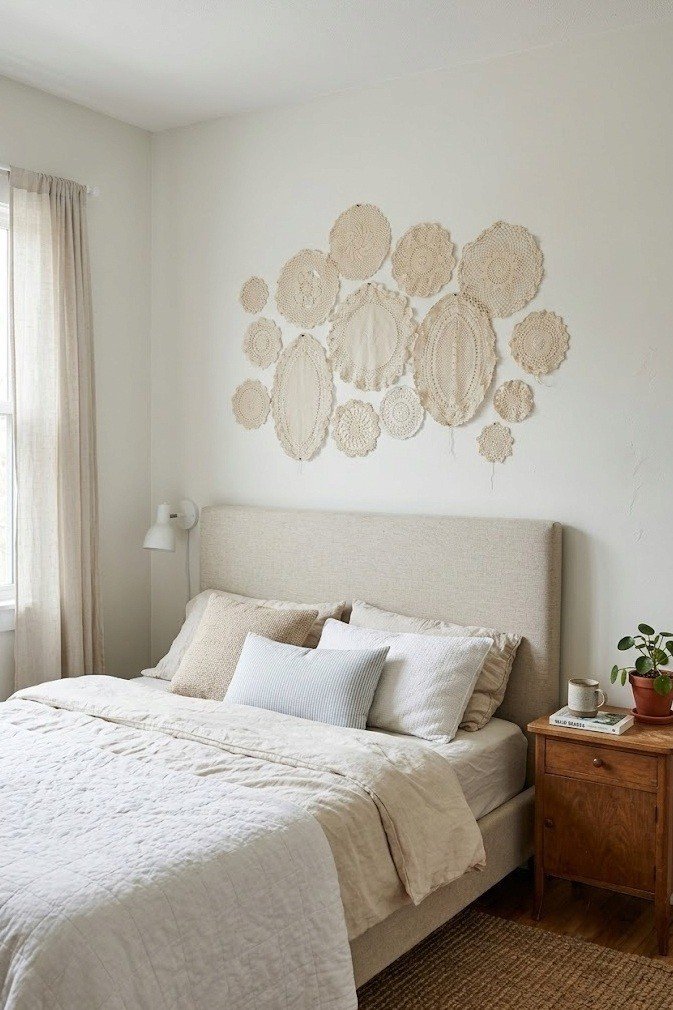 loose cluster of cream doilies of different sizes on a pale wall above a headboard