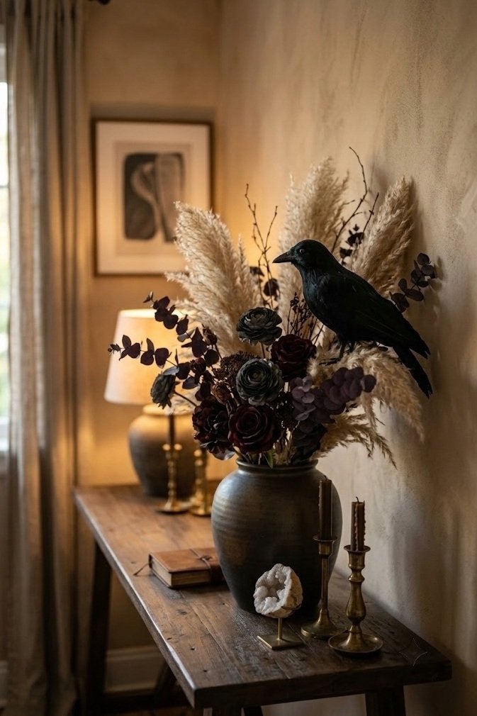 Dried flowers and a faux raven on a console for low-effort moody Halloween decor