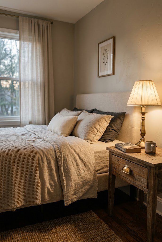 Small greige bedroom accented with antique brass lamp and hardware