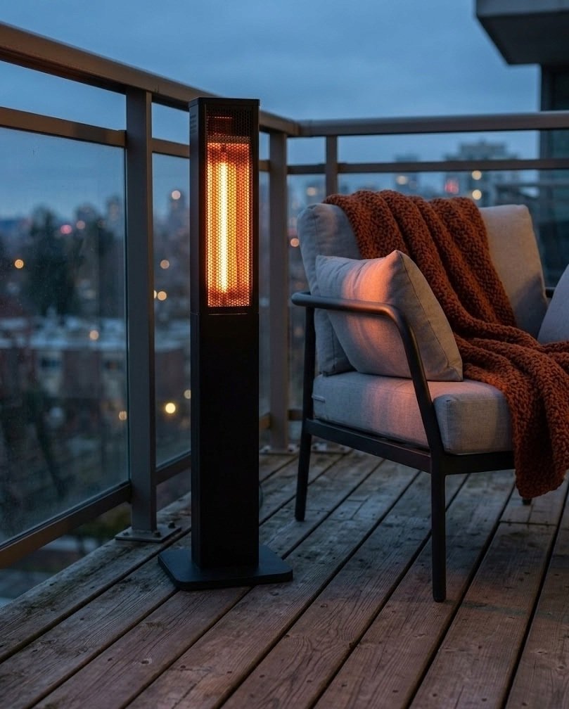 Slim black freestanding infrared patio heater glowing beside a balcony chair