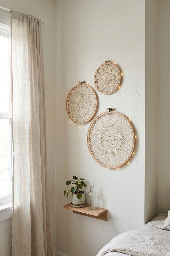 three cream doilies in wooden embroidery hoops of different sizes hung together