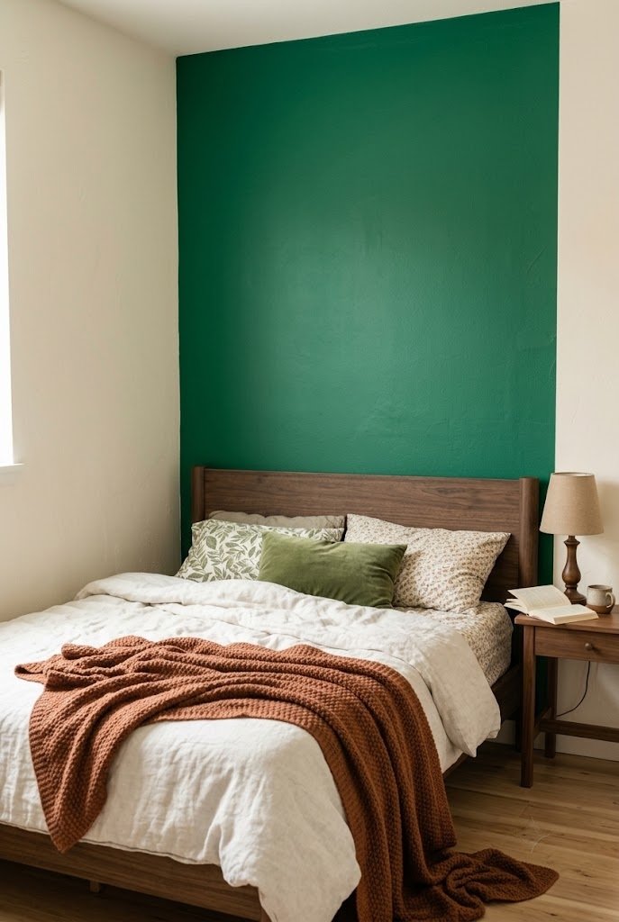 Emerald green accent wall behind a bed with pale cream walls